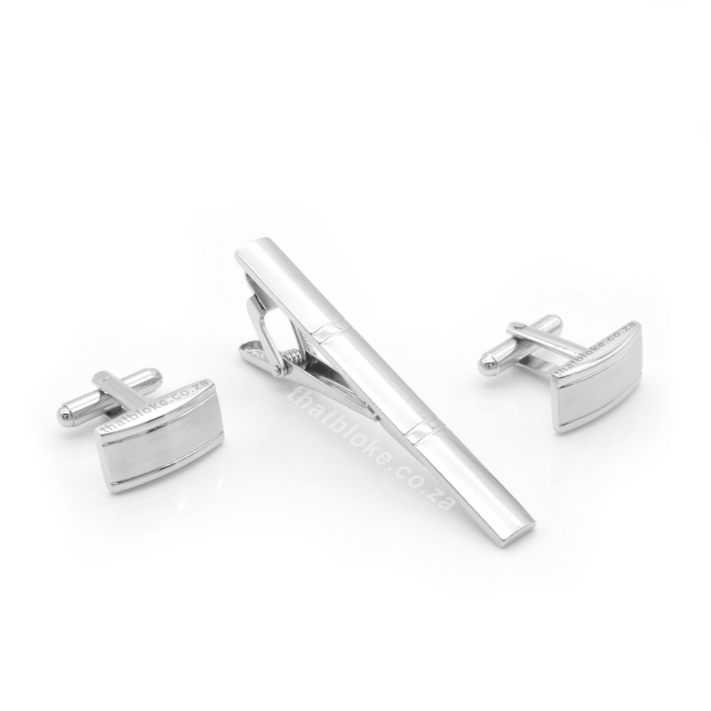 Cufflink & Tie Clip Set - Rectangular Three Split Brushed (Silver ...