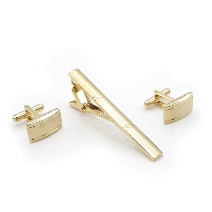 Rectangular Cufflink and Tie Clip Set For Men Three Split Brushed Sections Gold