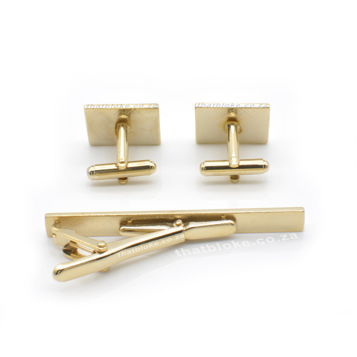 Cufflink & Tie Clip Set - Rectangular Three Split Brushed (Gold)