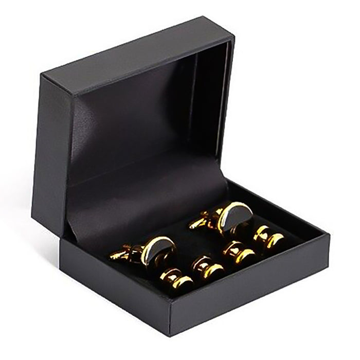 Glossy Black Tuxedo Cufflinks and Shirt Stud Set Gold 6 Piece With Box