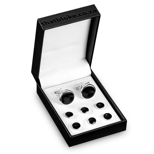 Glossy Black Tuxedo Cufflinks and Shirt Stud Set 8 Piece Silver With Box