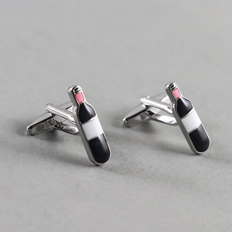 Wine Bottle Cufflinks Silver and Red Side Pair