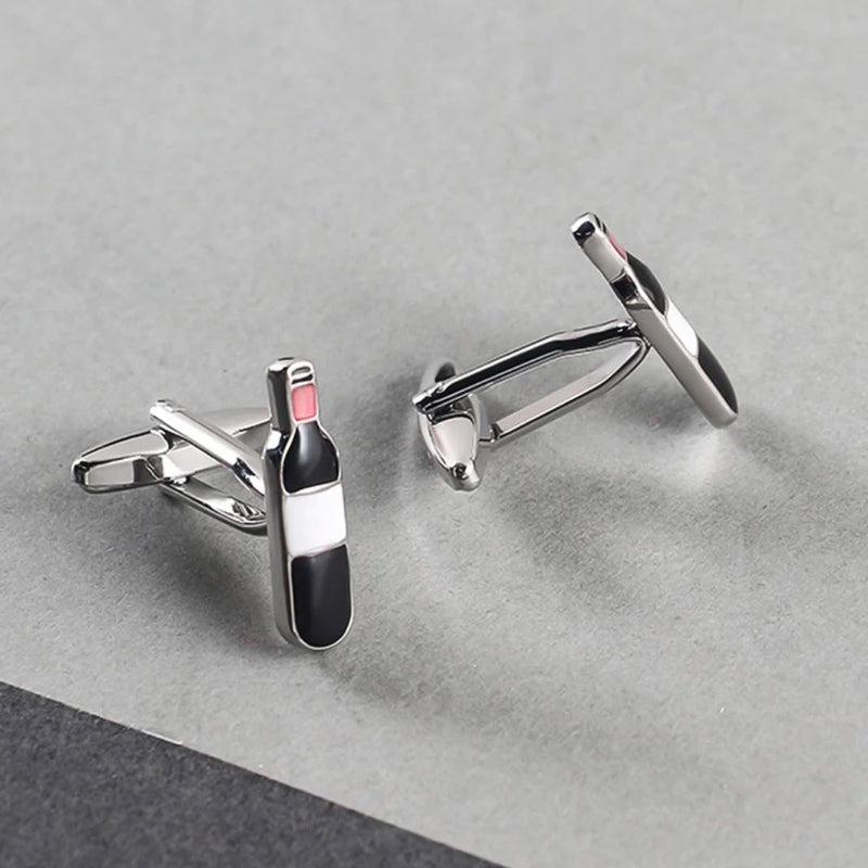 Wine Bottle Cufflinks Silver and Red Side and Front