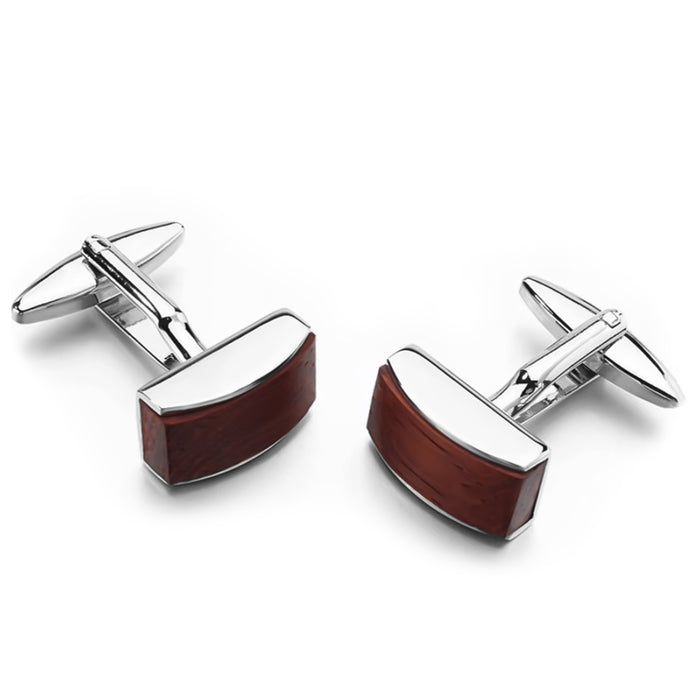 Rectangular Curved Dark Wood Cufflinks For men Silver Front View