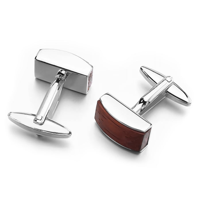 Rectangular Curved Dark Wood Cufflinks For men Silver Front and Back View