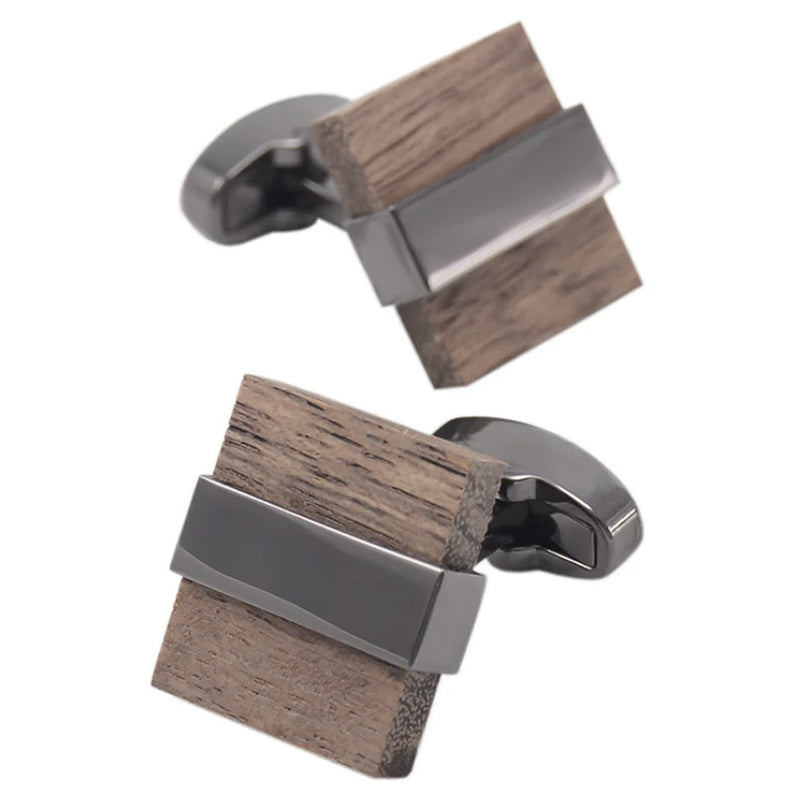 Walnut Wood Cufflinks Square Block Shape Gunmetal Black Front Pair