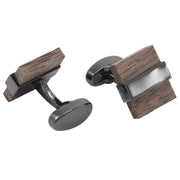 Walnut Wood Cufflinks Square Block Shape Gunmetal Black Front and Back