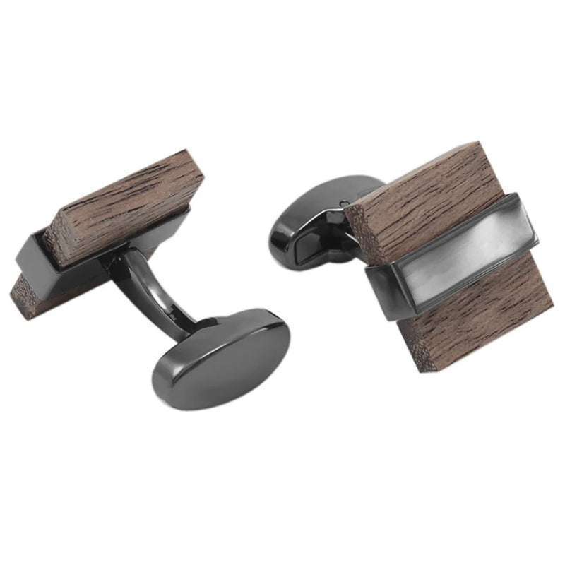 Walnut Wood Cufflinks Square Block Shape Gunmetal Black Front and Back