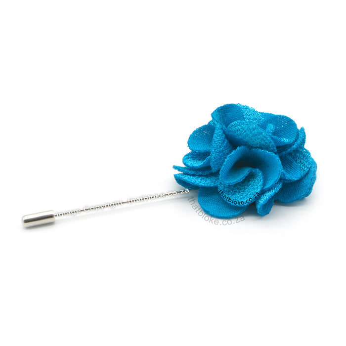 Bright Azure Blue Lapel Flower Pin For Men Curled Textured