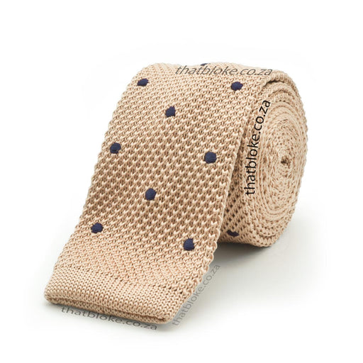 Stone Beige Neck Tie For Men Knitted with Black Polkadots