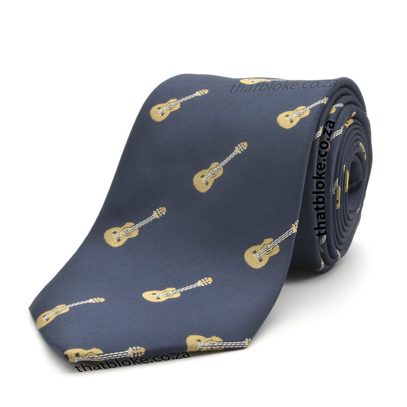 Novelty Acoustic Guitar Neck Tie For Men Dark Navy Blue Polyester Pattern