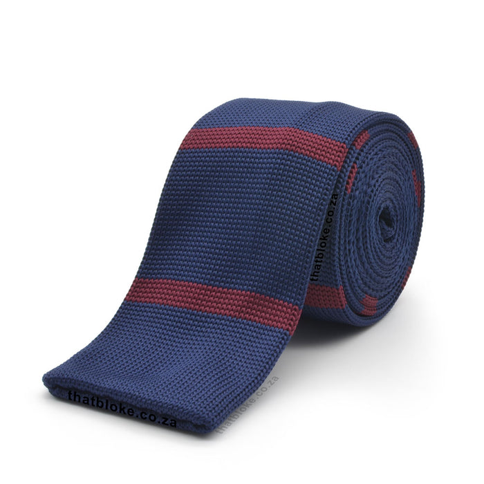 Knitted Navy Blue Neck Tie With Maroon Stripes For Men Polyester