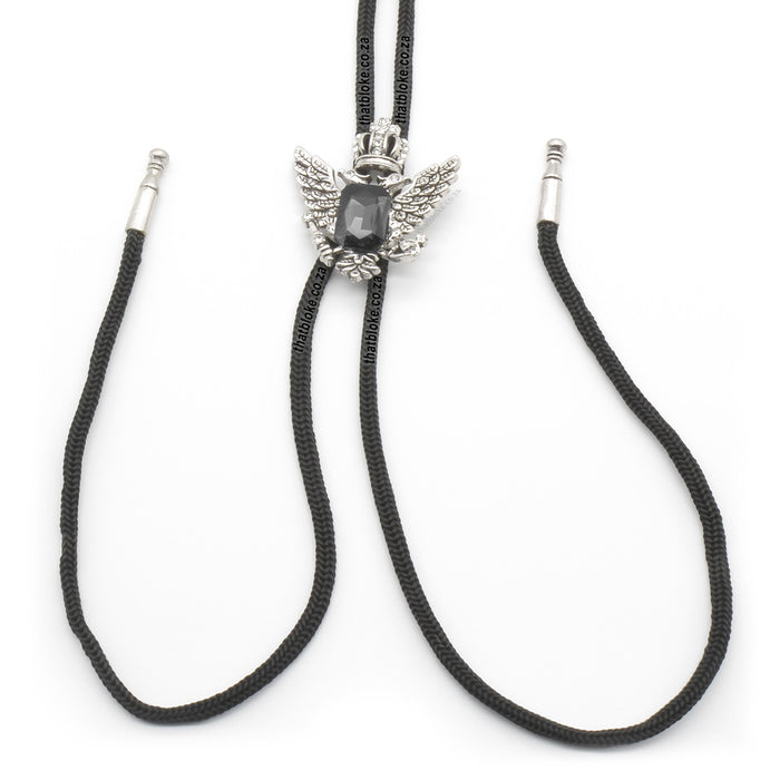 Crown Wings Bolo Tie For Men Silver With Black Jewel in Center Close Up