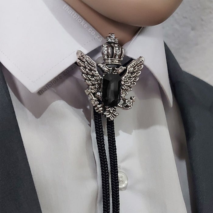 Neck Tie Bolo - Crown Wings with Jewel (Silver & Black)