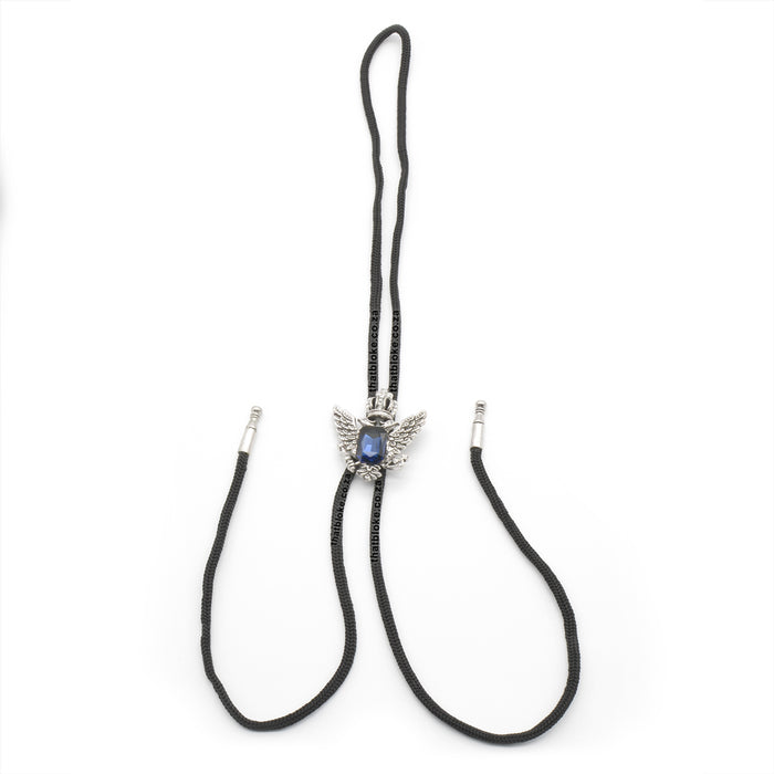 Crown Wing Bolo Tie For Men With Centered Jewel Silver and Blue Front