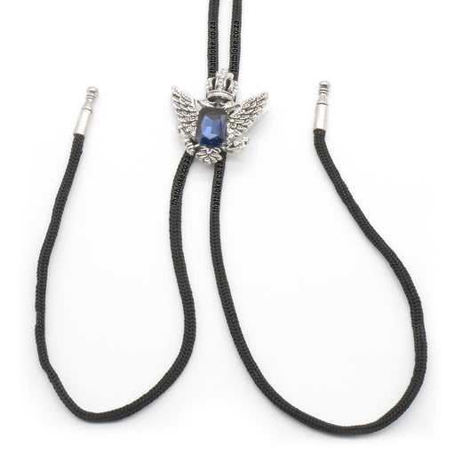 Crown Wing Bolo Tie For Men With Centered Jewel Silver and Blue Close up