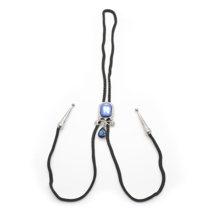 Ribbon Bow Bolo Tie With Blue Centered Jewel Silver Full View
