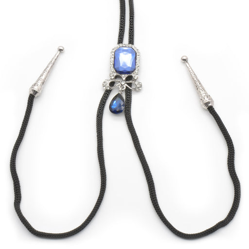 Ribbon Bow Bolo Tie With Blue Centered Jewel Silver Close Up