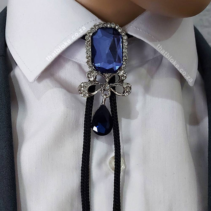 Neck Tie Bolo - Ribbon Bow Design with Jewel (Silver & Blue)