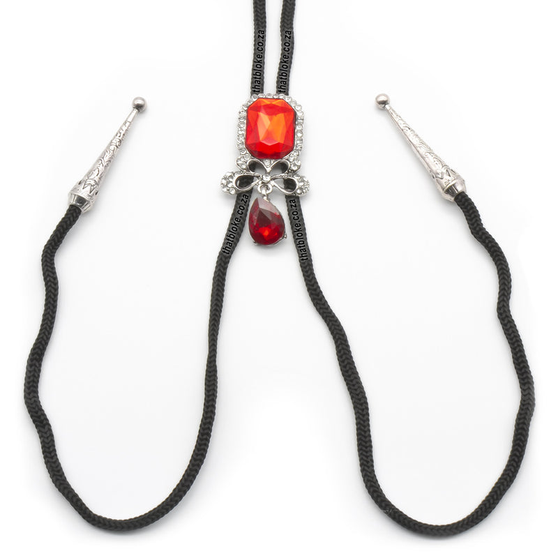 Red Ribbon Bow Design Bolo Tie Silver Close Up