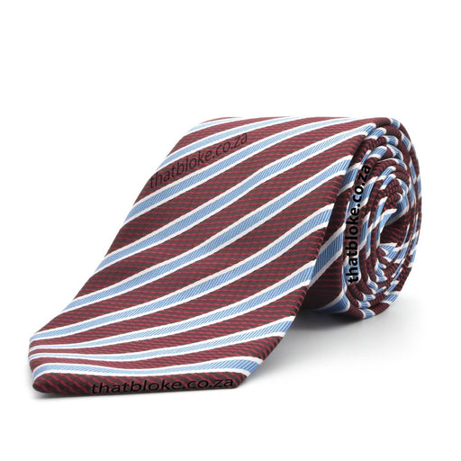 Light Maroon Neck Tie For Men with a Light Blue Regimental Stripe Pattern Polyester