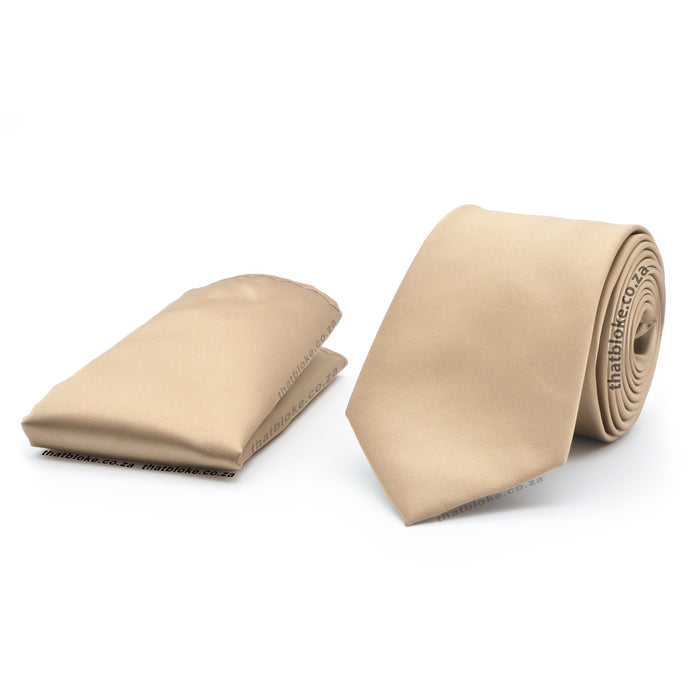 Bathstone Beige Neck Tie and Pocket Square Set For Men Silky Polyester