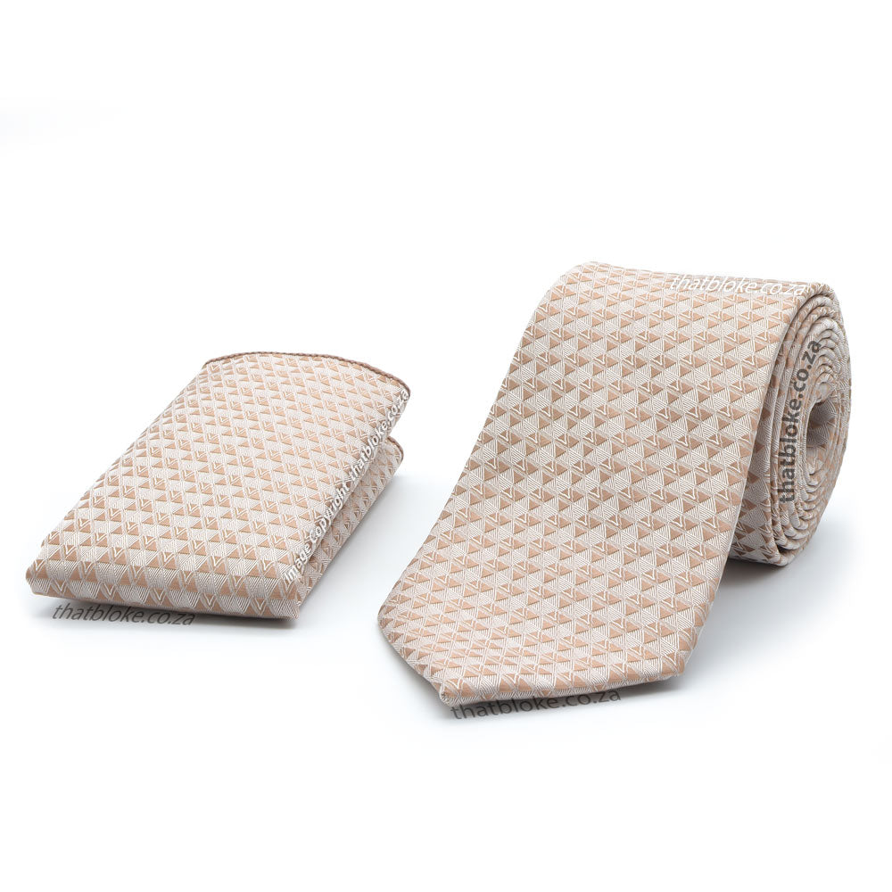 Champagne Bronze Beige Neck Tie & Pocket Square Set - Triangle