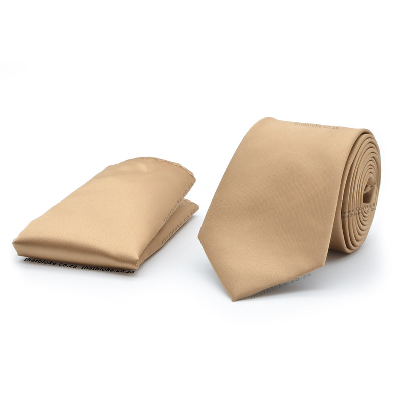 Light Golden Brown Neck Tie and Pocket Square Set For Men Silky Polyester
