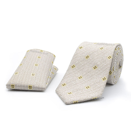 Dull Alabaster Light Pale Ivory Beige Neck Tie Pocket Square Set For Men Geometric Pattern Polyester