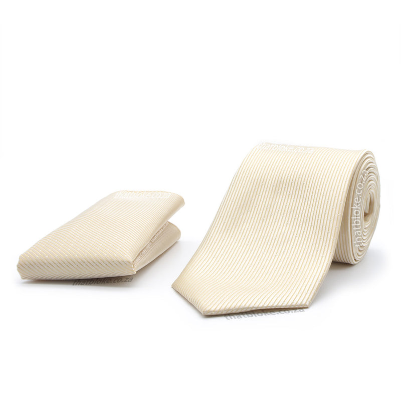 Ivory Pearl Beige Neck Tie Pocket Square Set For Men With White Pin Dots Polyester