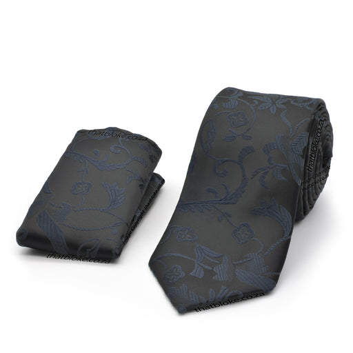 Black Neck Tie Pocket Square Set With Dark Navy Blue Floral Pattern
