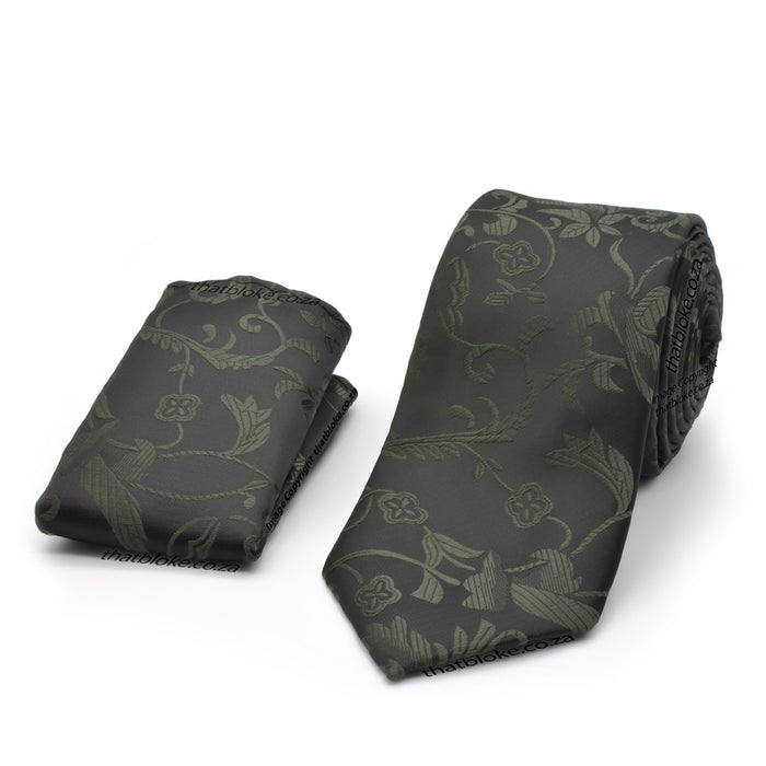 Black Neck Tie Pocket Square Set With Faded Dark Green Floral Pattern