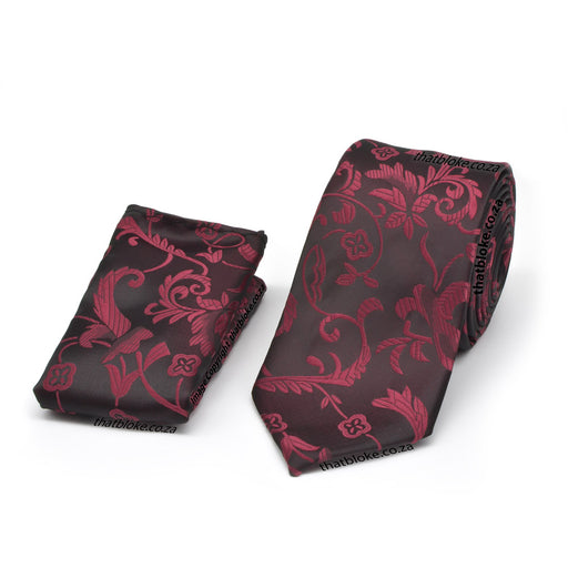 Black & Deep Wine Red Neck Tie Pocket Square Set For Men Floral Pattern Glossy Silky polyester