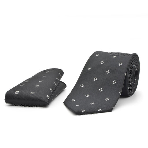 Black Neck Tie Pocket Square Set For Men Geometric Pattern Polyester