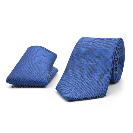 Cobalt Blue Neck Tie Pocket Square Set For Men Linen Textured Polyester