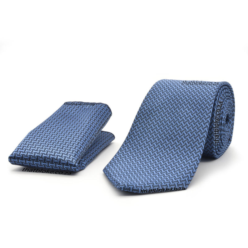 Dusty Blue Neck Tie Pocket Square Set with Black Greek Key Pattern Polyester