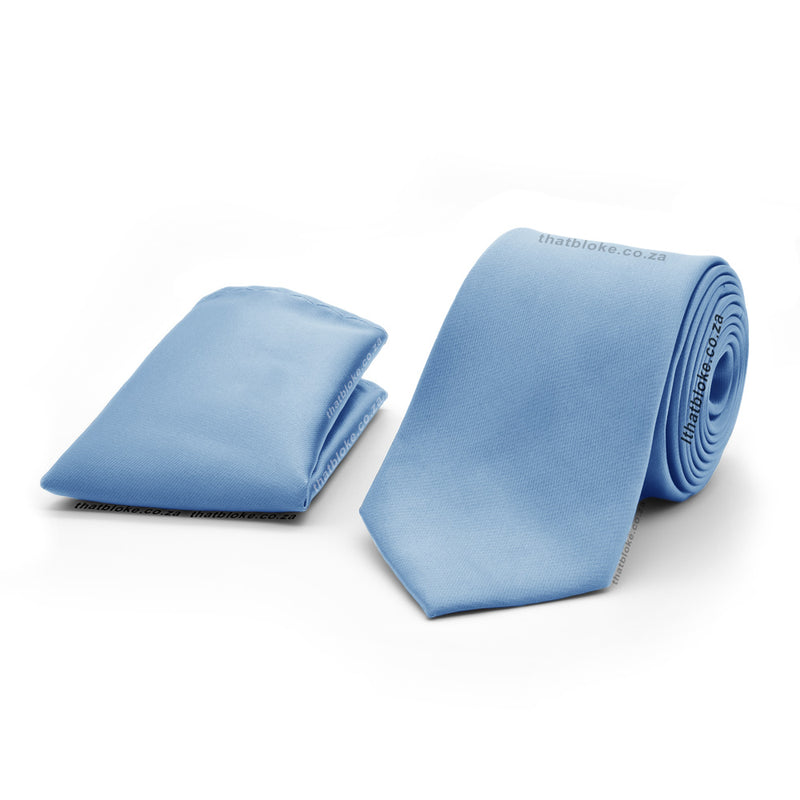 Light Carolina Blue Neck Tie Pocket Square Set For Men Silky Polyester