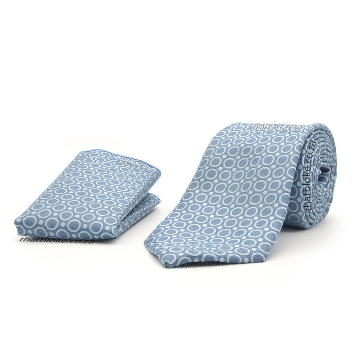 Light Dusty Blue Neck Tie Pocket Square Set For Men Geometric Circle Pattern Polyester