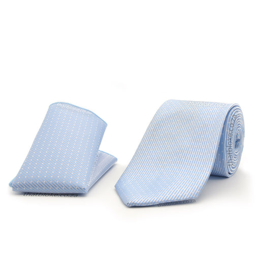 Ultra Light Blue Neck Tie Pocket Square Set For Men With White Pin Dots Polyester