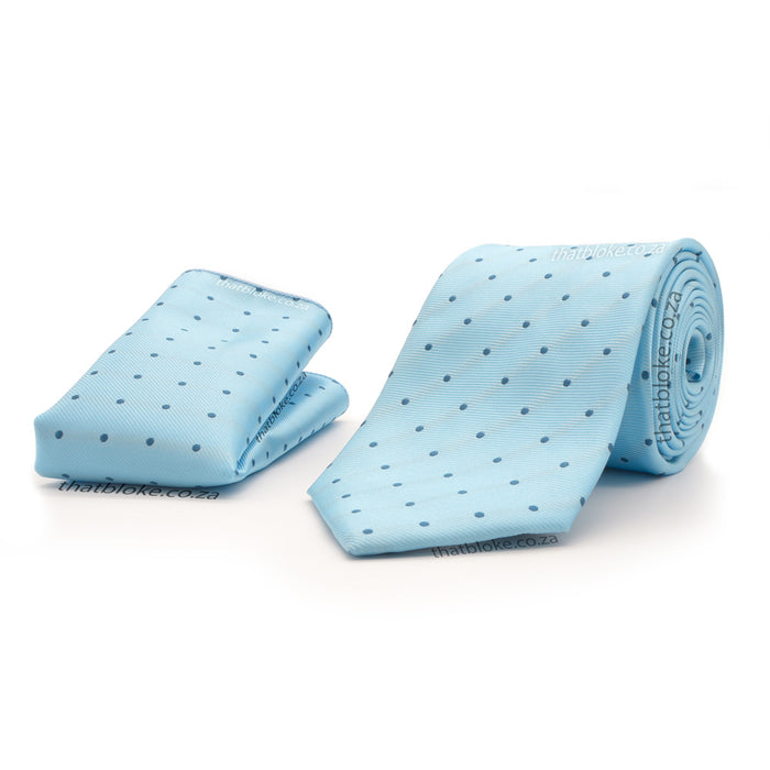 Ultra Light Blue Neck Tie Pocket Square Set with Navy Polkadots For Men Silky Polyester