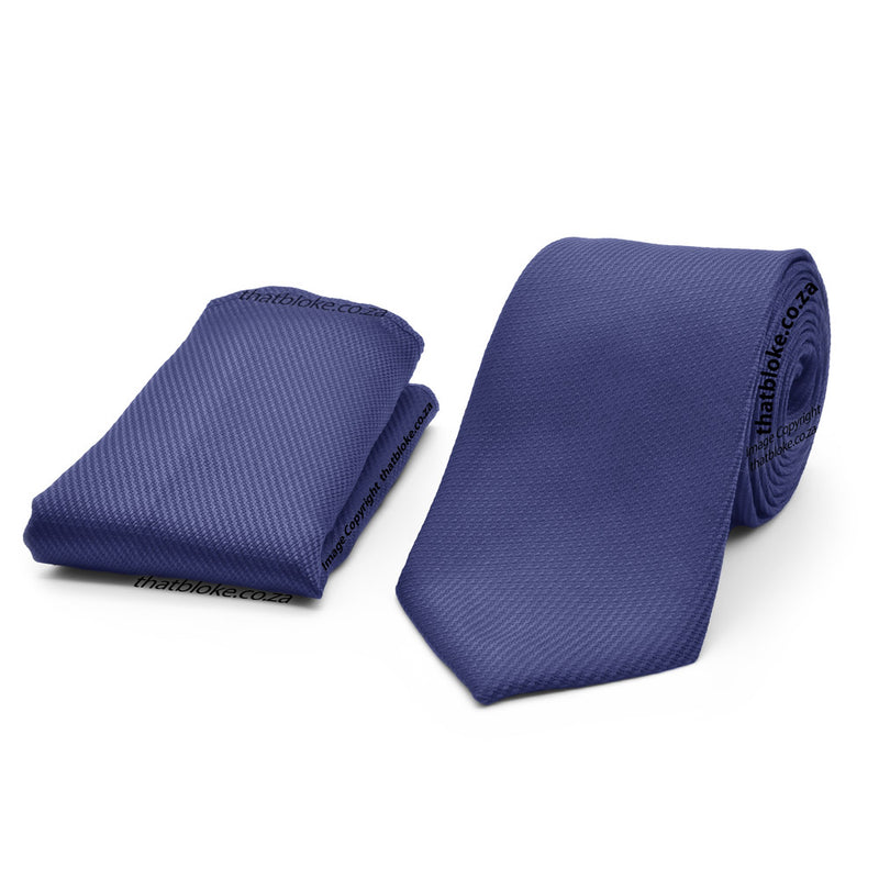 Midnight Blue Neck Tie Pocket Square Set Textured Patterned Polyester