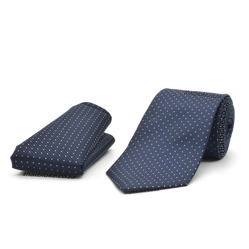 Dark Navy Blue Neck Tie Pocket Square Set For Men With White Pin Dots Polyester
