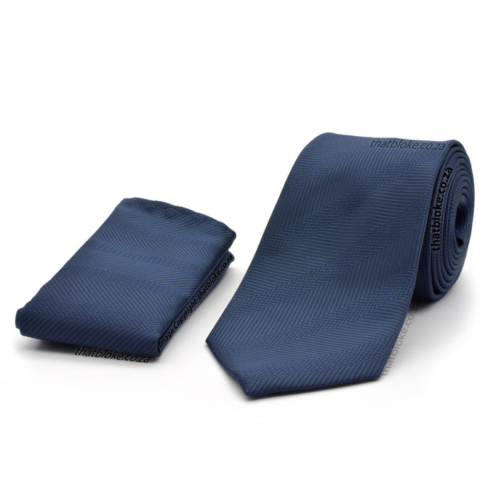 Dark Navy Blue Neck Tie Pocket Square Set For Men Zig-Zag Strip Pattern Textured