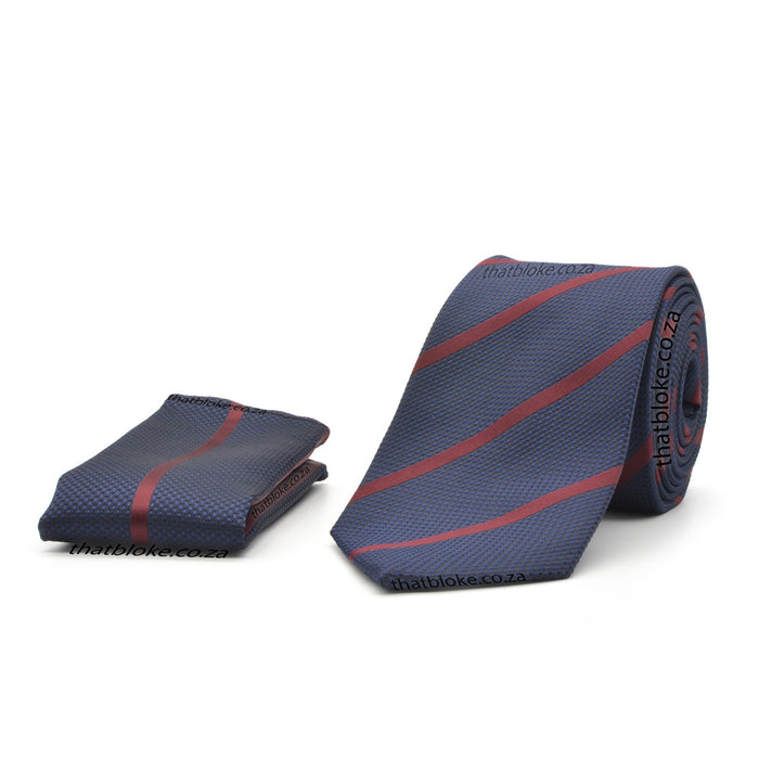 Dark Navy Blue Neck Tie Pocket Square Set For Men Maroon Regimental Stripes Textured Polyester