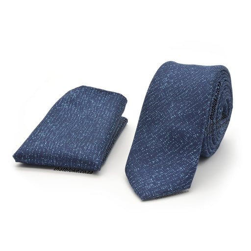 Navy Blue Neck Tie Pocket Square Set Light Blue Speckled Polyester