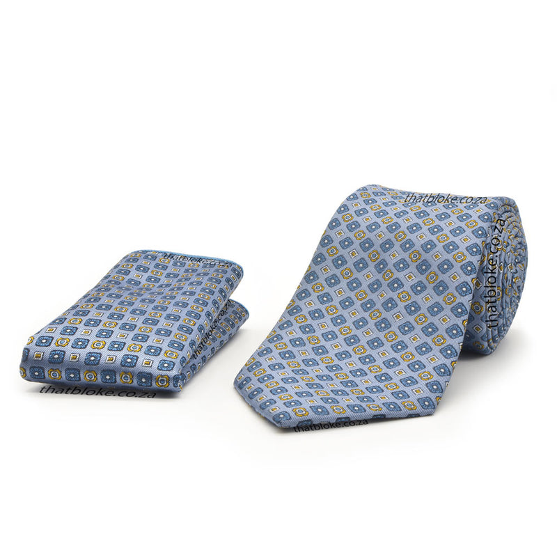 Silvery Blue Neck Tie Pocket Square Set For Men Silver Geometric Pattern