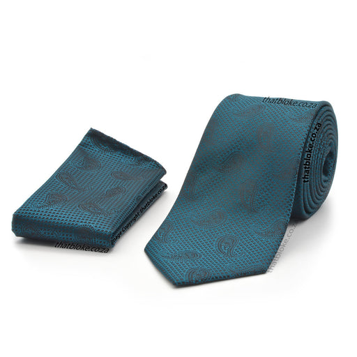 Dark Teal Blue Neck Tie Pocket Square Set For Men Paisley Pattern Textured