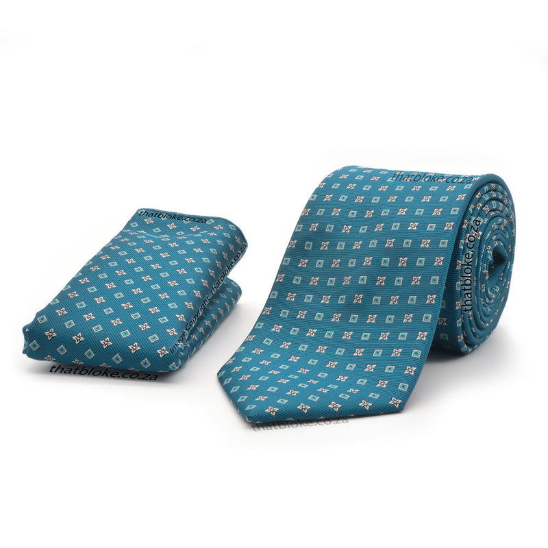 Deep Teal Blue Neck Tie Pocket Square Set For Men Foulard Geometric Pattern Polyester