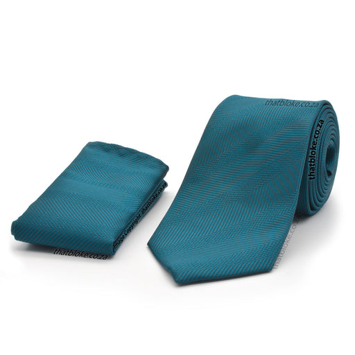 Deep Teal Blue Neck Tie Pocket Square Set For Men Stripe Pattern Textured