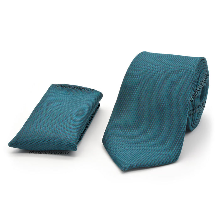 Deep Teal Blue Neck Tie Pocket Square Set Patterned Textured Polyester
